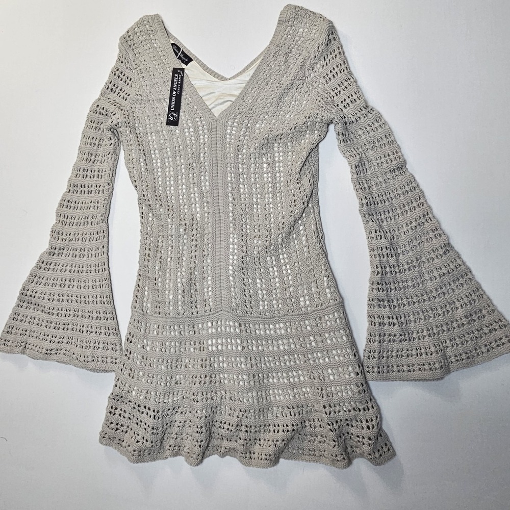 Union of Angels Cindy Bapst Crochet Knit Bell Sleeve Dress Beige L NWT‎ Boho